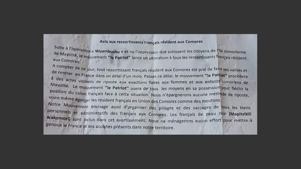 un tract de menaces contre les Français dans les îles Comores